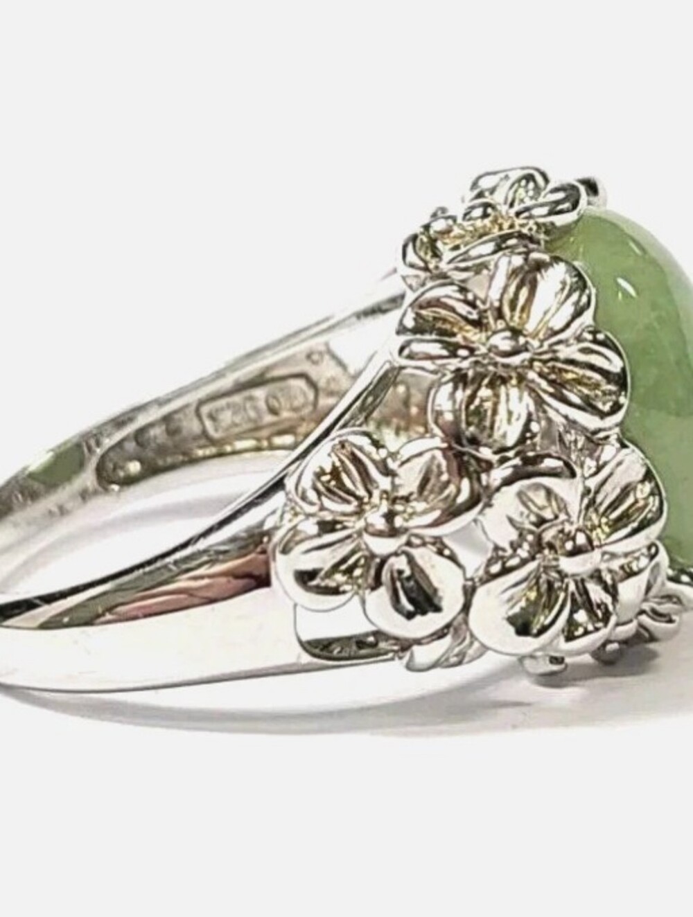 Sterling Silver 925 Oval Green Jade Flower Ring Size 7.5 - Picture 2 of 8